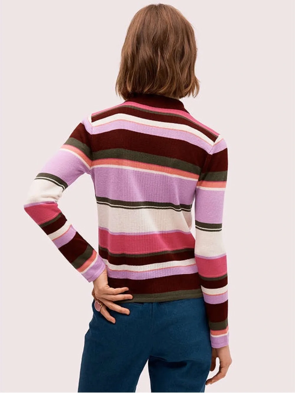 Kate Spade Fine Striped Polo Wool Sweater in Pink, Burgundy & White NWOT Small